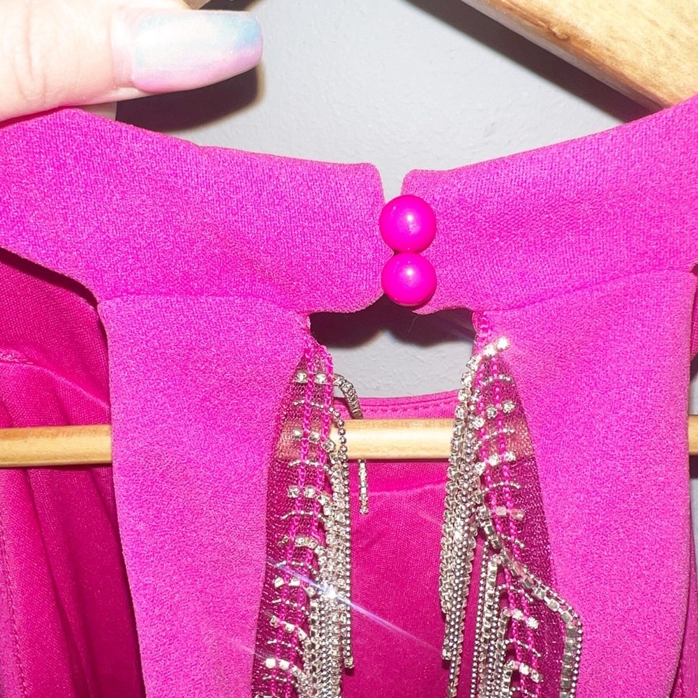 Sincerely Jules hot pink glitter fringe open back high neck mini dress - Picture 12 of 13